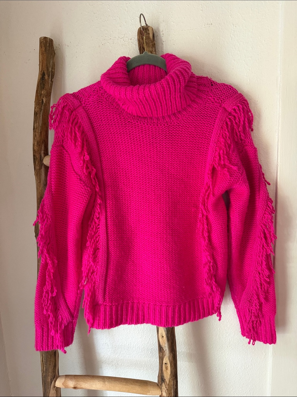 Lou & Grey X LOFT Hot Pink Turtleneck Fringe Cozy Warm Bright Sweater XS